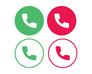 Flat vector phone icon set for UI and UX call functions - includes active, missed, and outlined states in green and red variants for mobile apps, contact pages, and communication signage systems