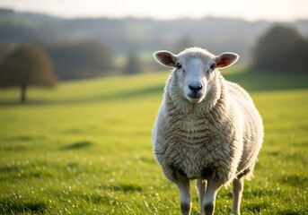 Fototapeta premium A fluffy white sheep stands in a vibrant green pasture, looking directly at the camera with a soft, natural light illuminating its wool.