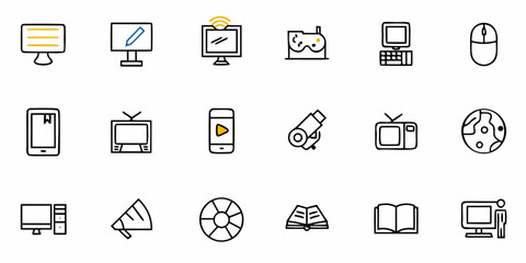 Engaging technology icons for modern digital life concepts, perfect for websites, apps, and presentations, showcasing media, communication, and global connectivity, vector design