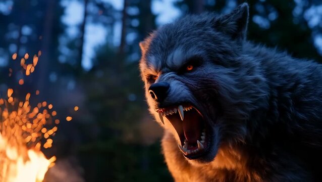 Fierce Wolf Howling at Night with Sparks in Background