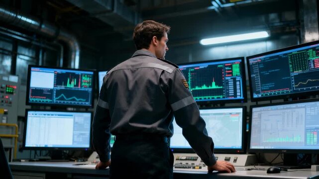 Back view of male operator in uniform standing at control panel with multiple computer monitors displaying complex data graphs, charts, and technical information. Industrial control room