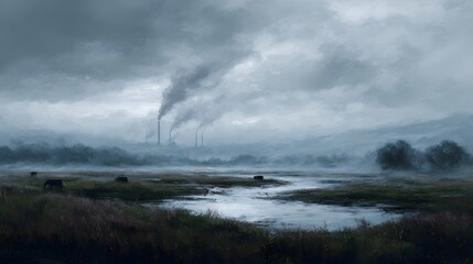 Industrial smokestacks loom over a misty flooded rural landscape with grazing live under an overcast sky