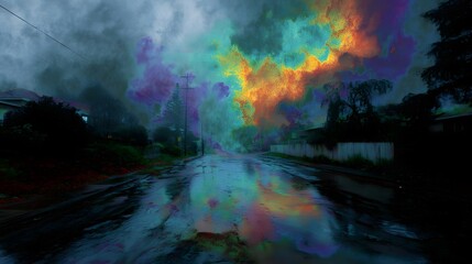 Ominous storm clouds painted with vibrant abstract energy patterns hover over a wet reflective suburban street