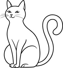 Hand-drawn minimalistic cat sitting with curved tail, bold black outline, white background, clean line art 1