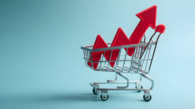 Shopping cart showing rising prices arrow for inflation concept