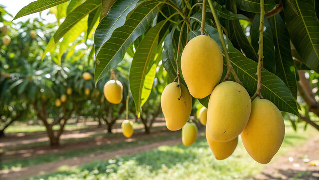 Yellow Mango hanging on tree in garden, Yellow Mangoes tree in natural background