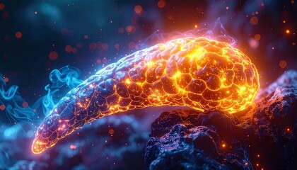 Glowing, stylized medical illustration of an inflamed human organ, emanating bright light against a dark, smoky background