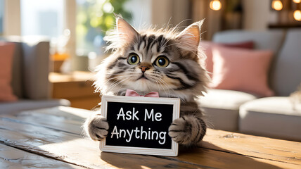 Fluffy kitten with pink bow tie holding an Ask Me Anything sign, inviting questions and sparking engagement in a cozy, bright home setting