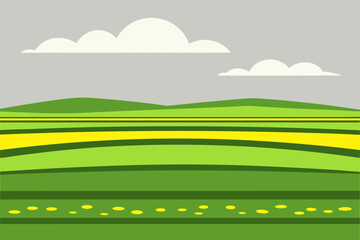 Fototapeta premium Stylized rolling green hills with yellow fields and clouds