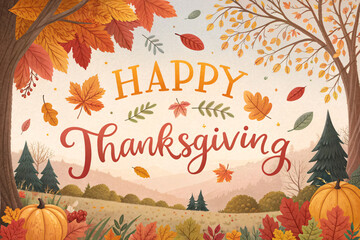 Festive Happy Thanksgiving greeting with autumn leaves for warm wishes