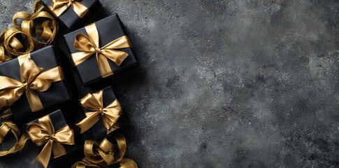 festive background with black gift boxes and golden ribbons