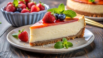 Indulgent slice of creamy cheesecake topped with vibrant strawberry jelly and fresh berries, a delightful dessert for any celebration.