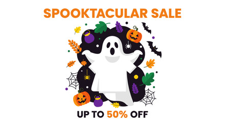 Spooktacular Halloween sale banner with a friendly ghost pumpkins and autumn leaves offering up to 50 off Perfect for promotions