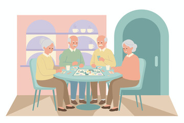 Active seniors playing board game enjoying social leisure time and companionship in a bright room