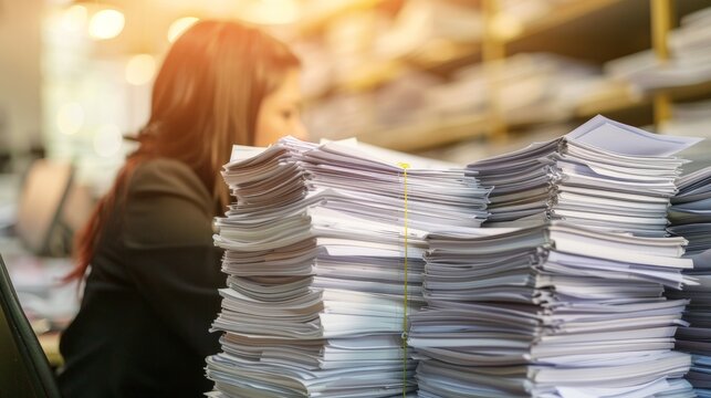 Pensive accountant contemplating financial data at computer with piles of documents nearby