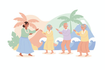 Joyful group learning traditional hula dance with instructor in a vibrant tropical island setting