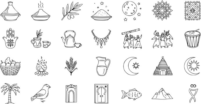 Moroccan Culture  Nature Icons Set. Hand-drawn outline doodle symbols: food, tea, hamsa, desert, mountains, music, architecture. Traditional North African art elements.