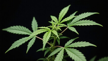 Vibrant green cannabis plant showcasing healthy growth and intricate leaf structure against a stark black background, symbolizing natural wellness and botanical science