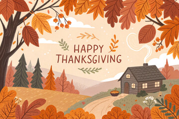 Happy Thanksgiving greeting card with charming autumn foliage scene