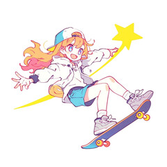 スケボーで跳ぶ金髪少女のイラスト、笑顔、背景なし、素材、ストリートスタイル