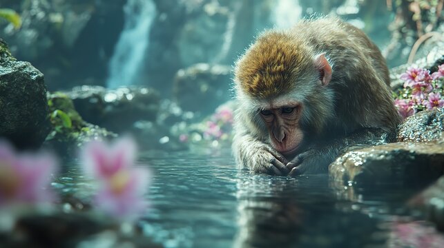 A macro image of a macaque monkey drinking from a mountain stream, misty jungle rocks and flowers around
