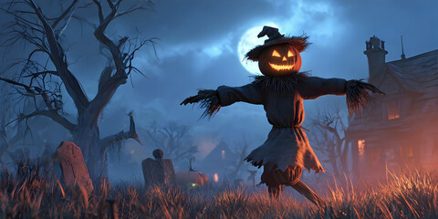 Sinister Pumpkin Scarecrow in a Haunted Garden, ai generated.