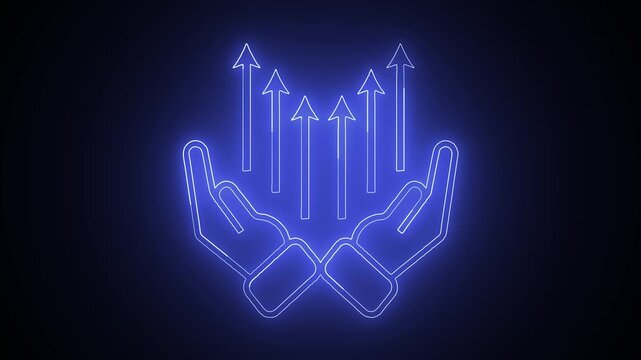Glowing Futuristic digital neon blue hand and growing bar icon. Digital futuristic motion graphic element cyber-generated background. 4k video animation