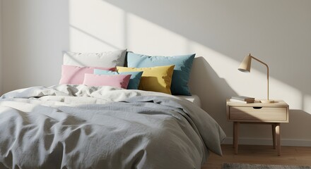 Bedroom interior with bed and decorative pillows