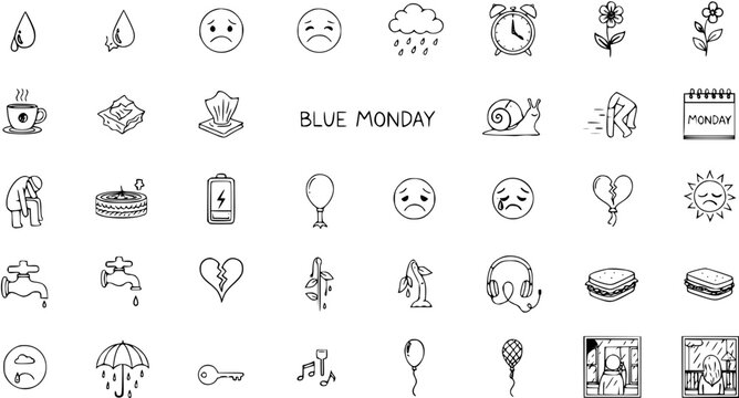 Hand-drawn doodle icons illustrating Blue Monday, sadness, melancholy, and low energy. Collection of emotional symbols for winter blues and depression. - Powered by Adobe