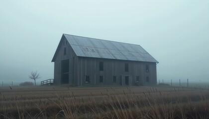 Obraz premium Rustic barn in a foggy landscape with muted colors and atmospheric feel