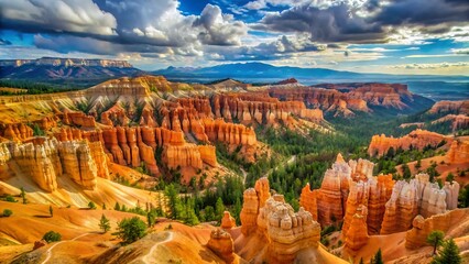 Stunning Bryce Canyon hoodoos glow under dramatic clouds, showcasing vibrant orange rock formations amidst lush green pines and distant blue mountains.