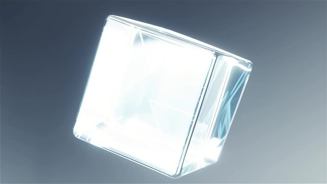 Minimalist 3D rendering of a luminous glass cube with a subtle blue hue. Abstract concept for technology, science, data, or a mysterious crystal artifact