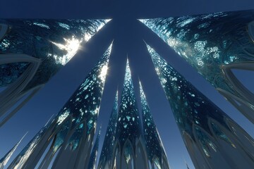 Tall crystal spires reflect sunlight under a clear blue sky in an imaginative landscape of fantasy architecture