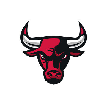 Fierce red and black bull head illustration, aggressive steer mascot graphic, powerful animal emblem vector art on white background.