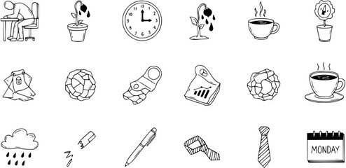 Hand-drawn doodle icons illustrating daily work life, office routine, stress, time, and business concepts. Includes tired worker, coffee, calendar, documents, and dying plants.