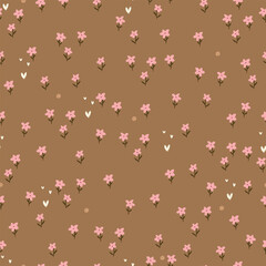 Seamless pattern with pink flowers dots and hearts on brown background. Floral illusatrtion for fabric, clothes, wrapping paper, wallpaper.