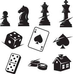 Fototapeta premium Board game and casino icons set, chess pieces, dice, playing cards, domino, poker chips vector.