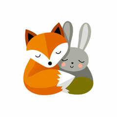 Obraz premium Adorable cartoon fox and rabbit snuggling. Cute woodland animal friends, vector illustration, flat design graphic for kids.