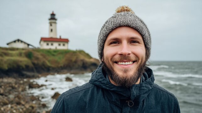 Smiling man in a beanie poses near a lighthouse by the ocean on a cloudy day