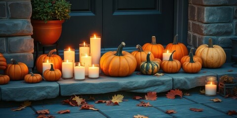 Candlelit pumpkin arrangement on a stone doorstep with flickering shadows and autumn leaves scattered around. Generative AI