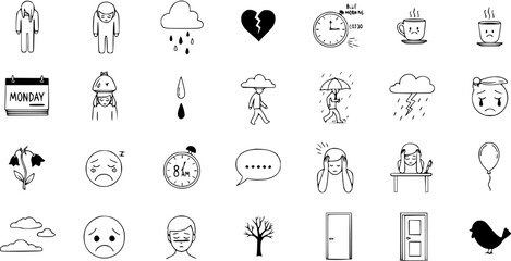 Hand-drawn doodle set of sad, depressed, and bad mood emotions, symbols, and concepts