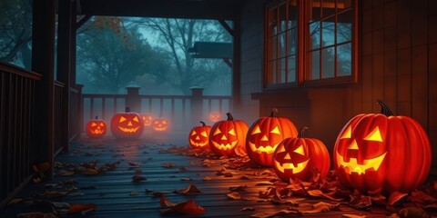 Glowing jack-o'-lanterns on a wooden porch surrounded by fallen autumn leaves and mist, creating a mysterious Halloween night atmosphere. Generative AI