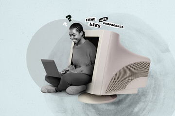 Pop image collage of person use netbook sit in computer display with lies on grey background