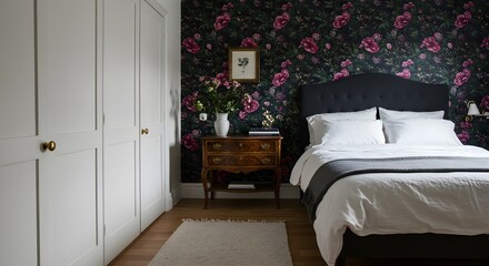 Bedroom interior with floral wallpaper and bed