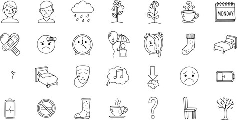 Naklejka premium Sadness and Daily Life Line Art Icons. Set of Melancholy, Emotional Distress, Stress, and Comfort Symbols for Mental Well-being.