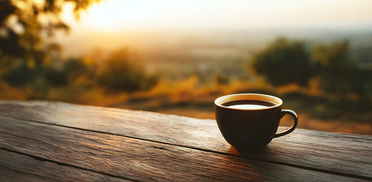 cup coffee rests on rustic wooden table with steam rising gently while a blurred nature background glows with the warm golden light of sunset, evoking calm and relaxed lifestyle moments