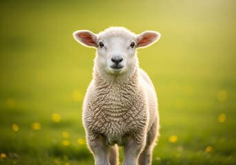 Fototapeta premium A cute baby lamb stands in a vibrant green field, looking directly at the camera with soft, warm lighting.