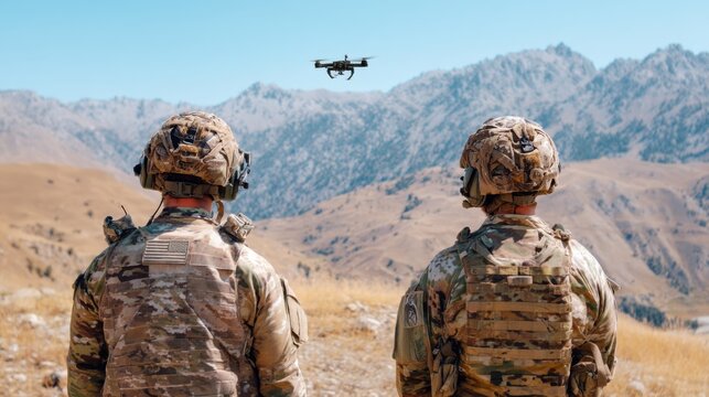 Soldiers monitor drone operation in mountainous terrain during a training exercise at a remote location