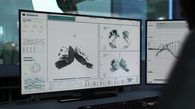 Doctor is working on a computer. Software tool for image analysis. Lung CT scan. Study of different imagery. Covid-19 pneumonia. Disease that comes on quickly and causes breathing problems. UI