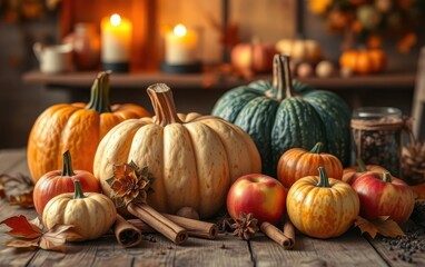 Autumn still life of pumpkins, apples, and cinnamon sticks arranged on a rustic wooden table with warm candlelight glow and cozy fall atmosphere. Generative AI